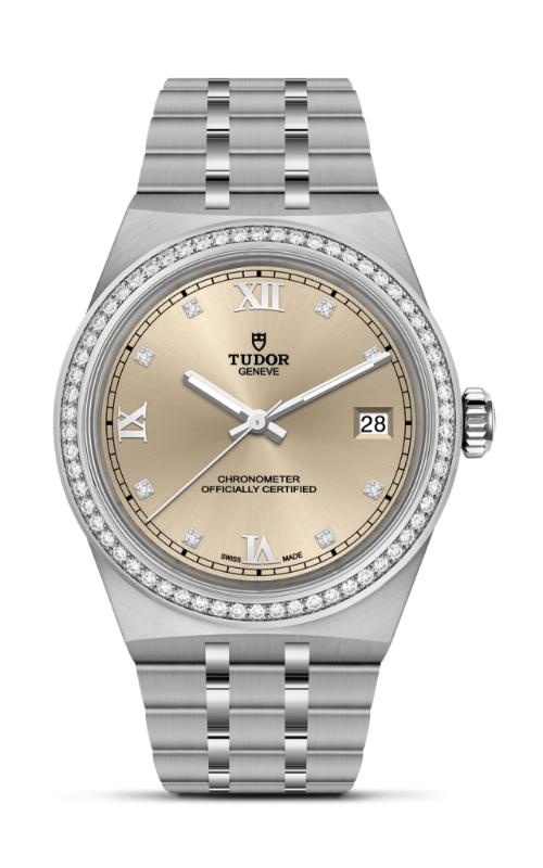 A silver TUDOR wristwatch with a champagne dial, roman numerals, and diamond hour markers.