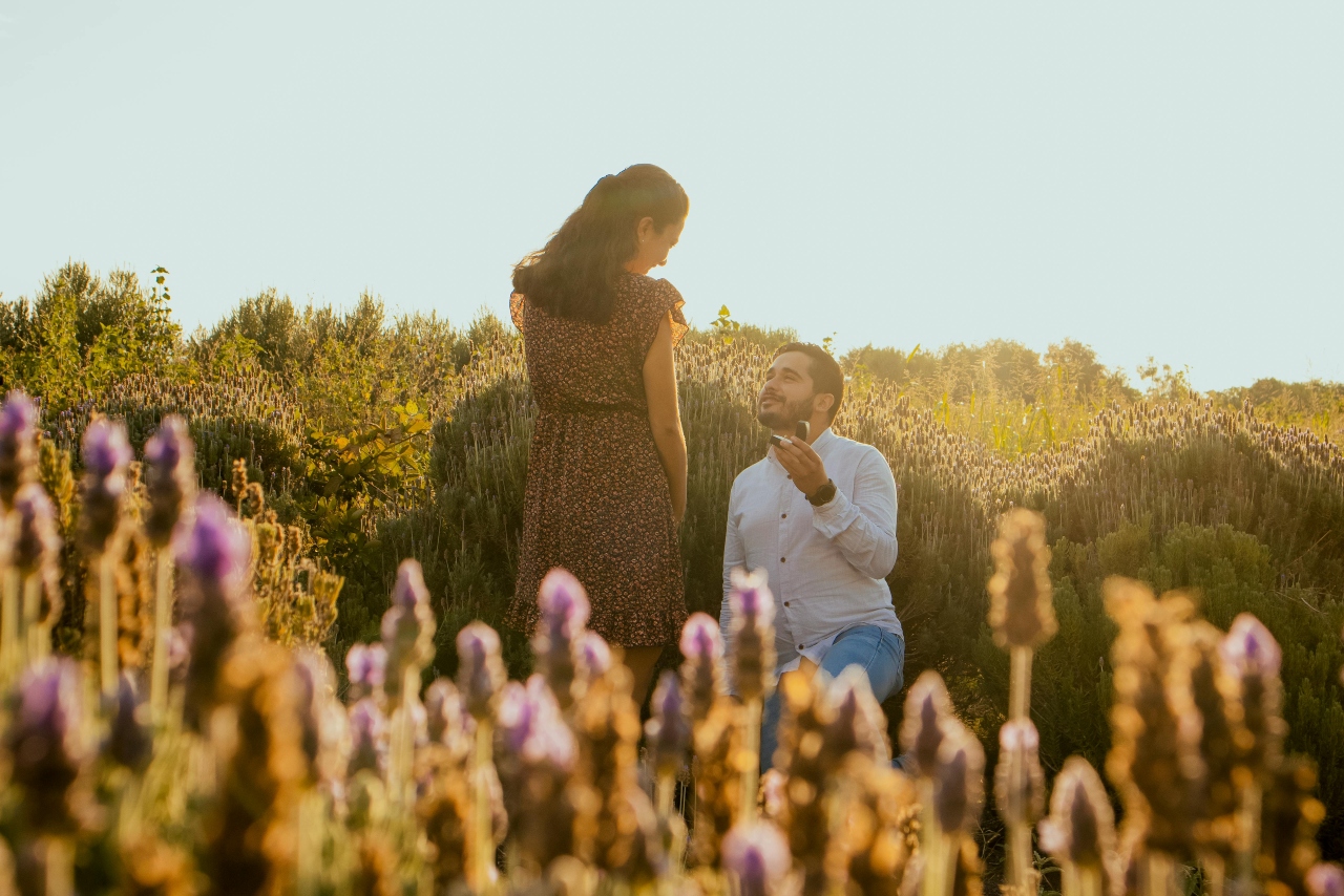 A man standing on his knee proposing to a woman in a floral dress, surrounded by flowers.