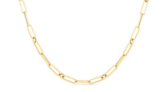 A yellow gold paperclip chain necklace by Roberto Coin, available at Heller Jewelers.