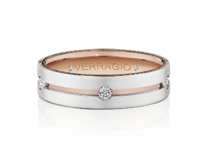 A rose and white gold men&rsquo;s wedding band, accented with round diamonds.