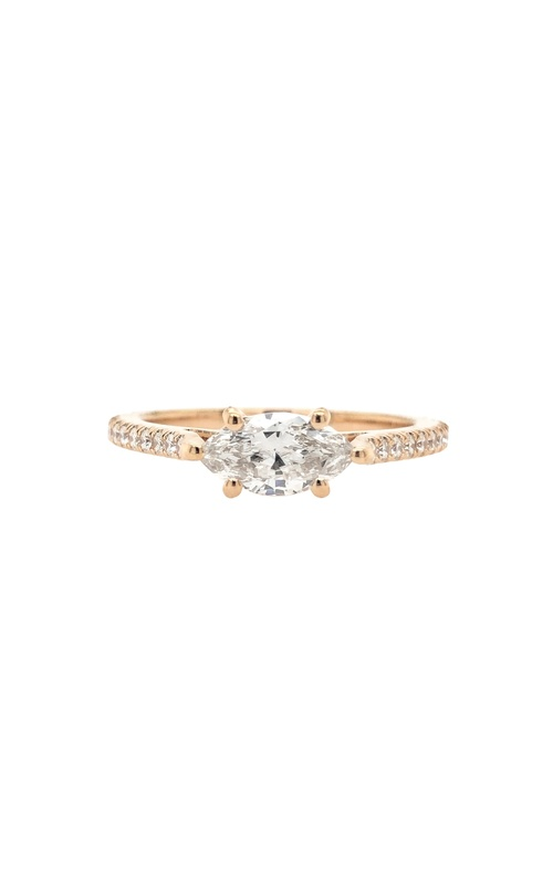 A rose gold diamond side stone engagement ring paired with a yellow gold diamond wedding band.
