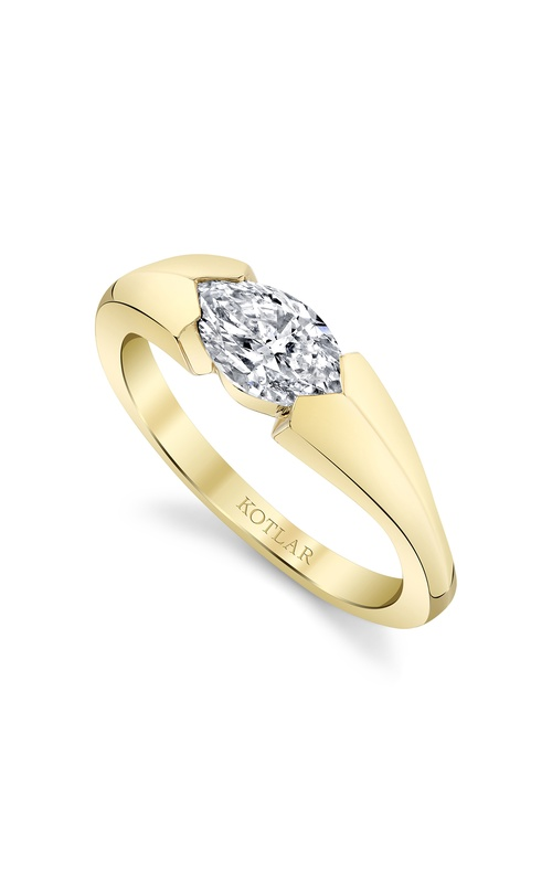 A polished yellow gold wedding band paired with a yellow gold engagement ring featuring a marquise cut centerpiece.