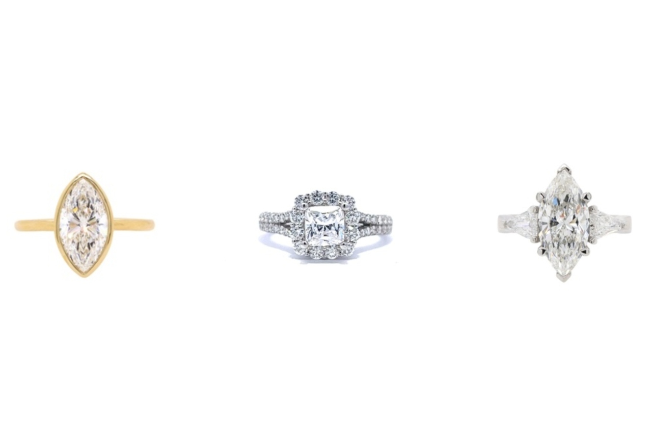 A solitaire, a halo, and a three stone ring lined up next to each other from the Heller Collection