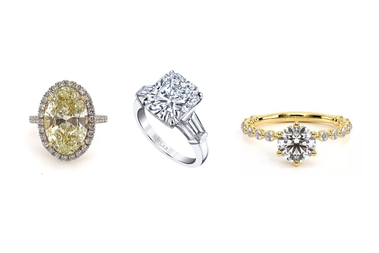 A Heller Collection yellow diamond halo engagement ring, a platinum three stone Harry Kotler ring, and a yellow gold round cut diamond side stone ring by Verragio