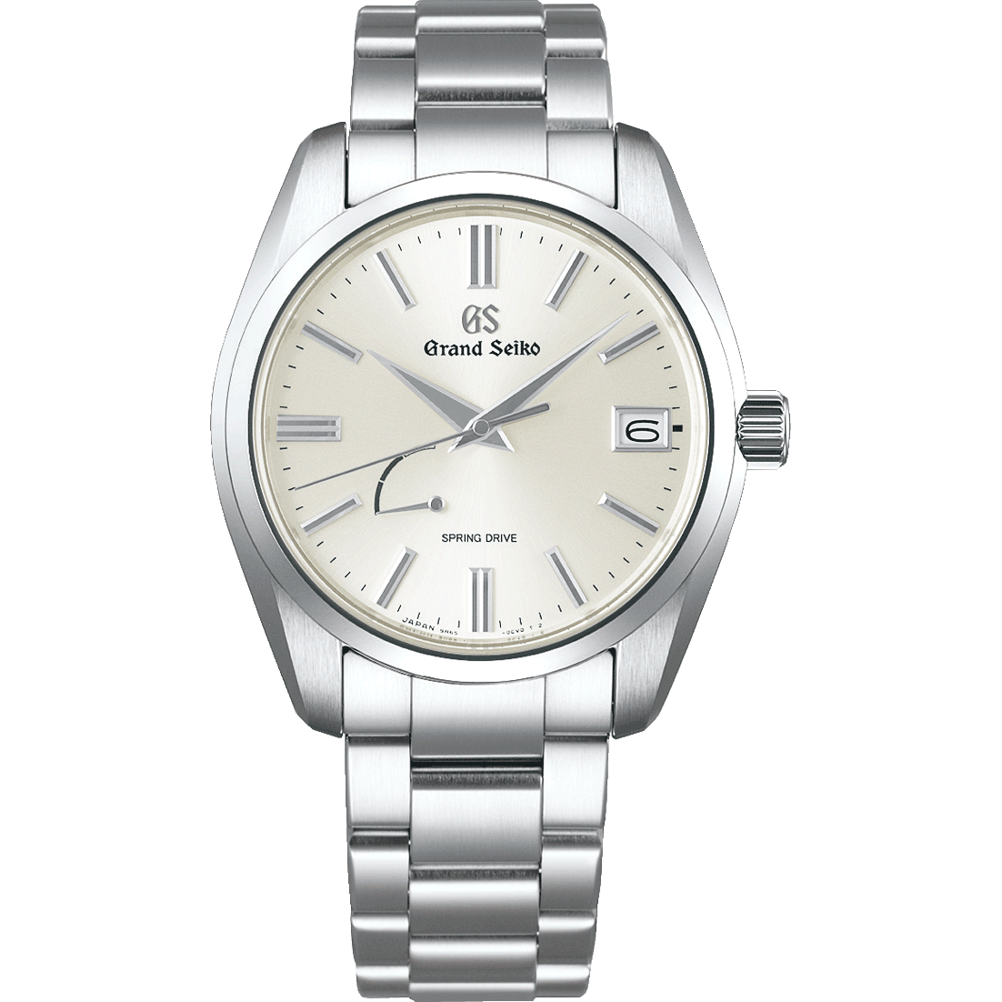 A Grand Seiko Spring Drive watch featuring a round cream dial, silver markers, and a stainless steel link bracelet.