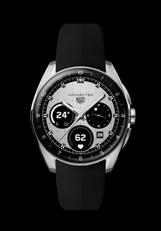 A black-and-white TAG Heuer Connected smartwatch displays fitness-tracking metrics on a black background.