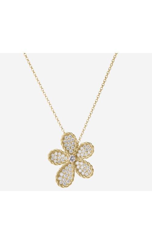 A gold chain necklace featuring a flower-shaped pendant with five diamond-encrusted petals.