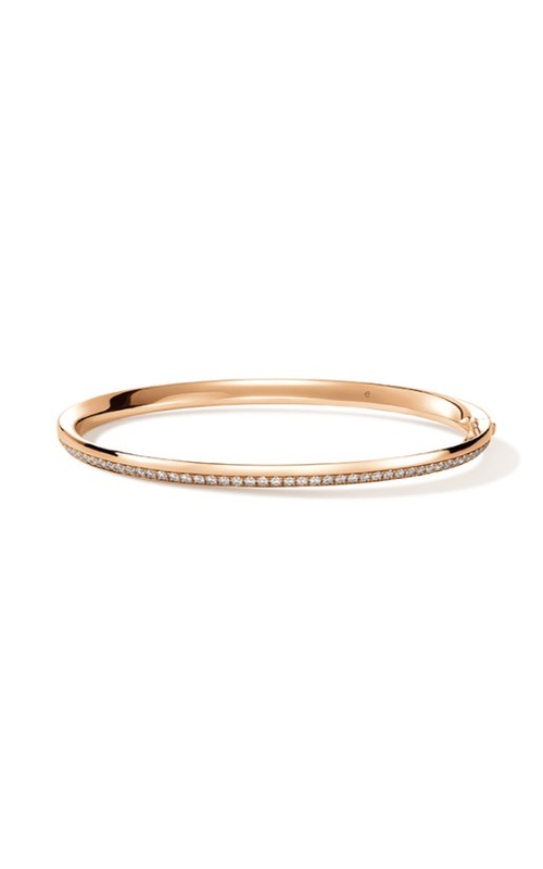 A rose gold bracelet, featuring a row of small, sparkling diamonds.