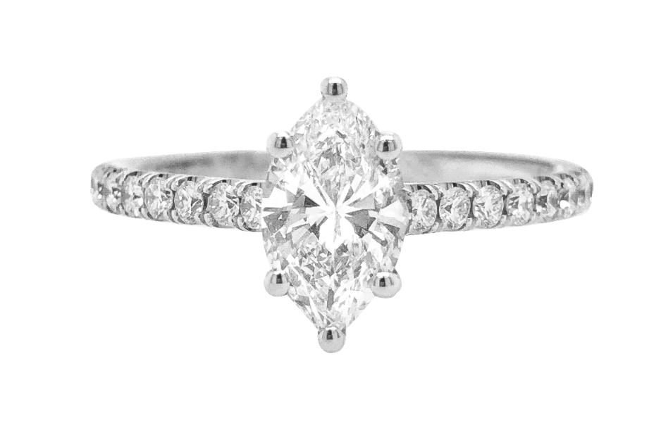 A white gold side stone engagement ring with marquise cut center stone
