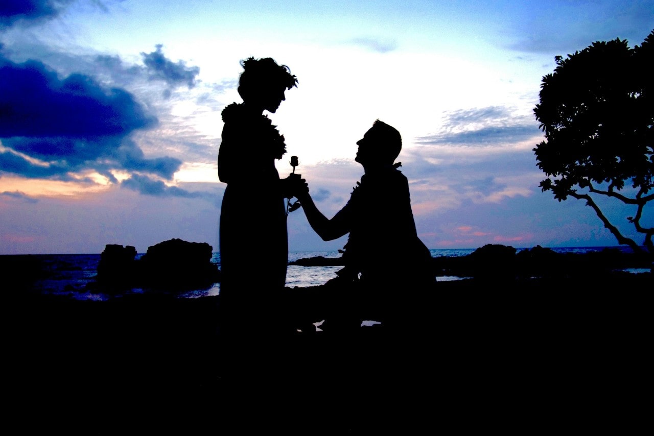 A backlit photo of a man down on one knee and a woman standing and holding a rose, in front of the sunset.