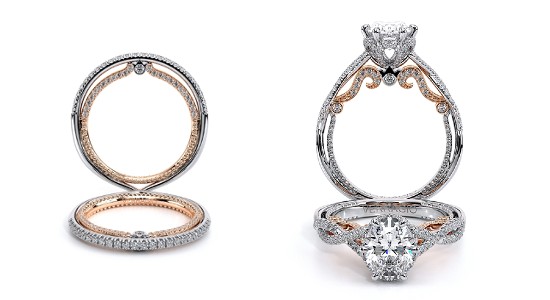 a matching set of mixed metal engagement ring and wedding band