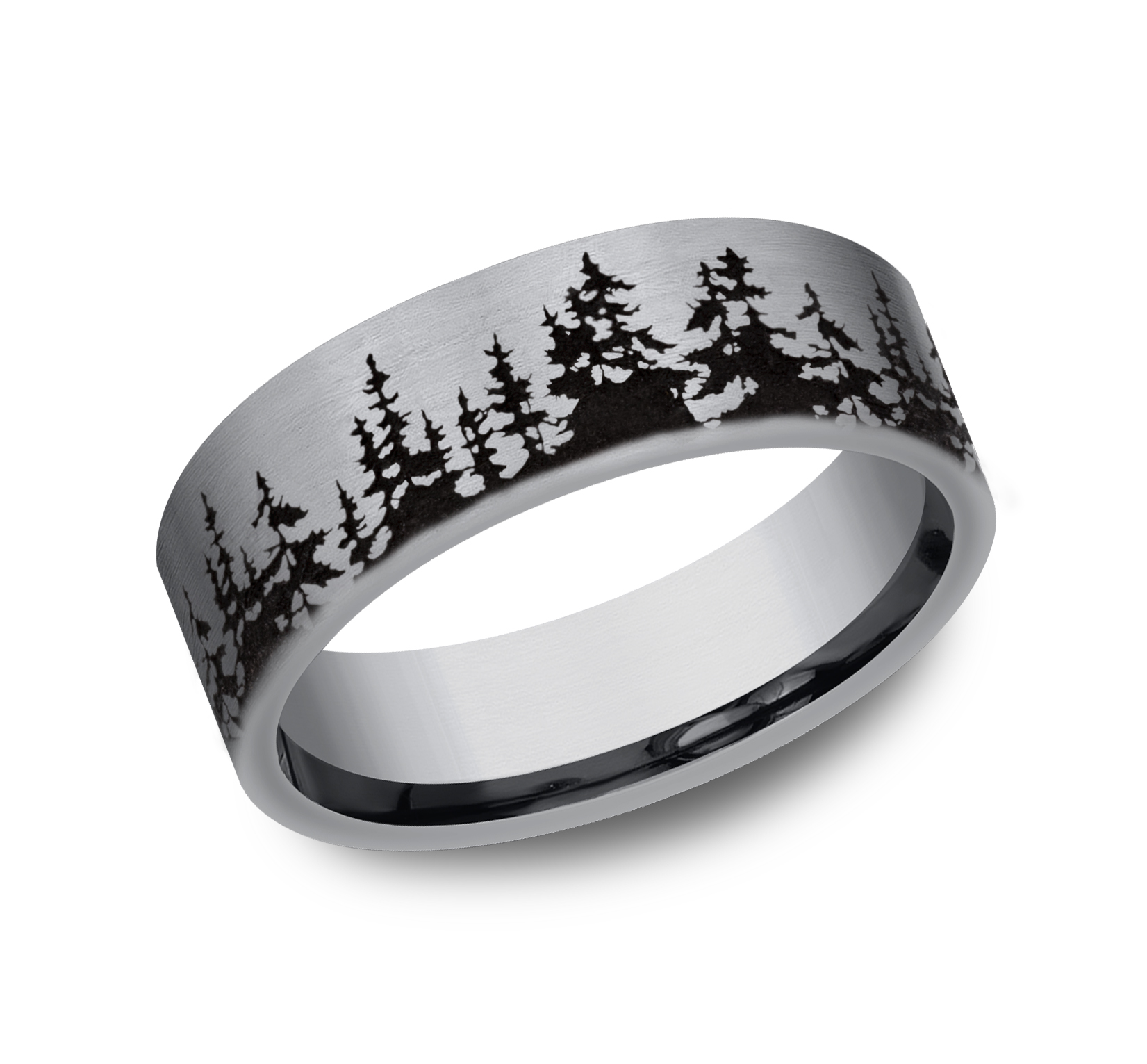 A tantalum wedding band with forest print on a white background