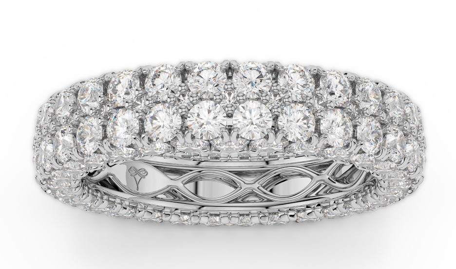 A diamond double row white gold wedding band on a white background