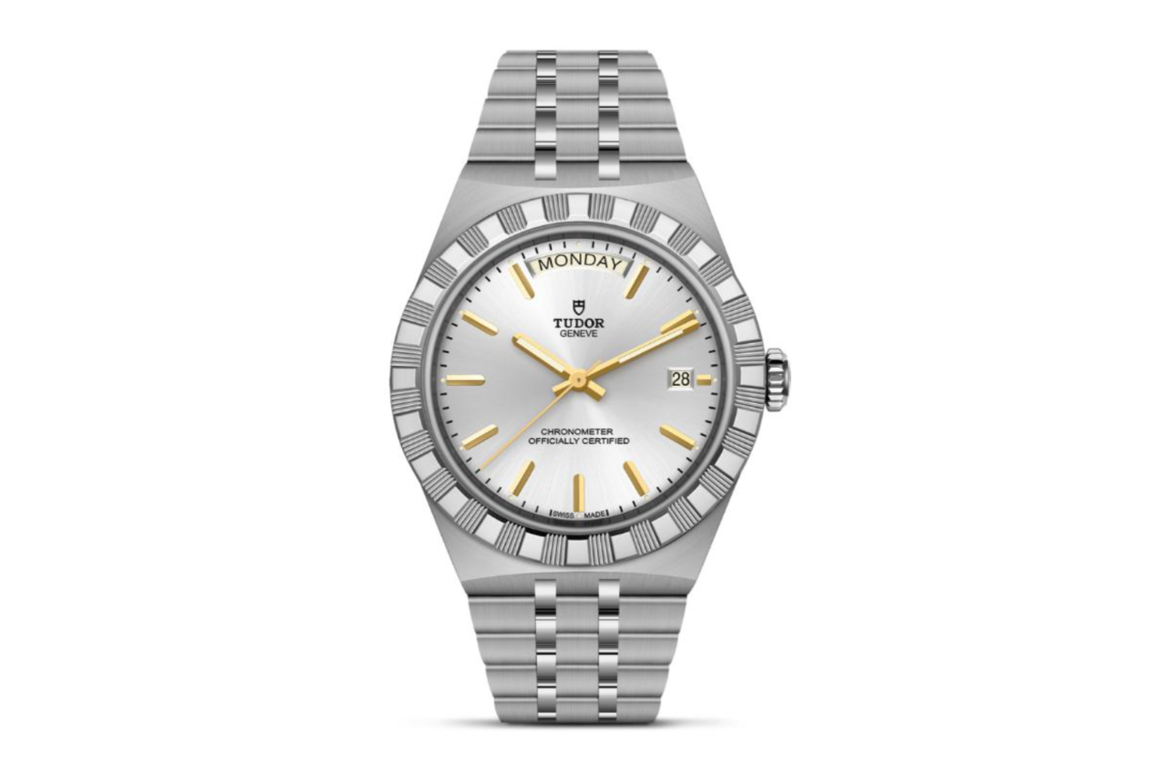 A TUDOR watch with a steel band, steel bezel, and silver dial.