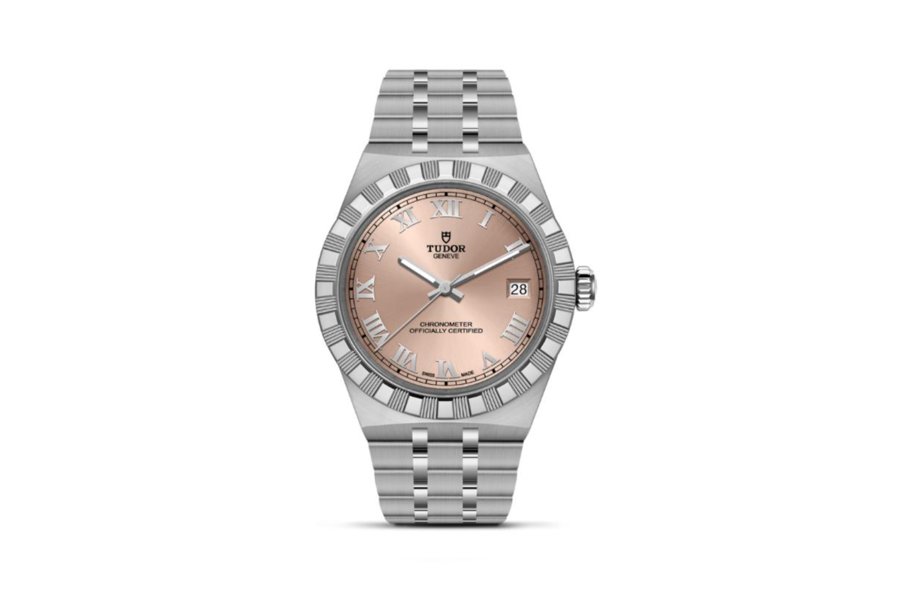 A TUDOR watch with a steel band, steel bezel, and salmon dial.