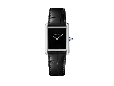 Black leather and stainless steel timepiece by Cartier.