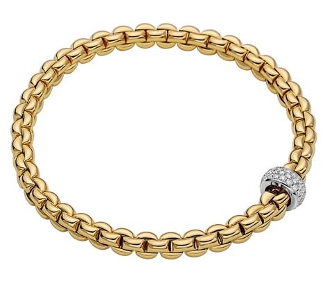 A yellow gold chain bracelet with diamond charm on a white background
