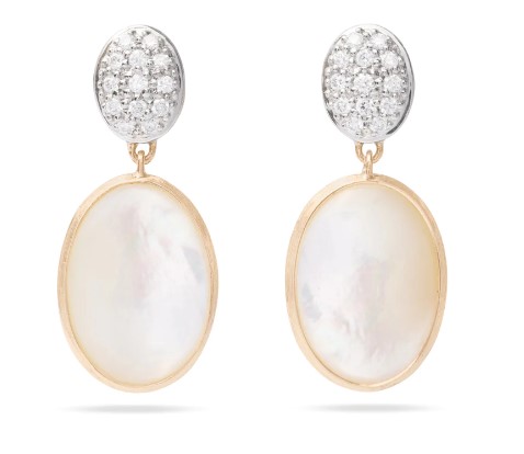 A pair of diamond two drop earrings on a white background