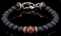William Henry Beaded Bracelet With Sterling Silver, Fossil Dinosaur Bone, And Black Onyx