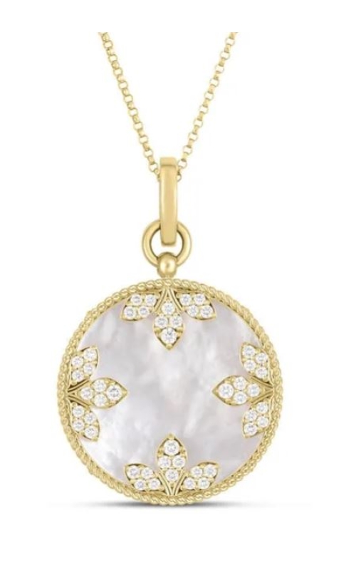 Roberto Coin Yellow 18 Karat Medallion Charms Diamond and Mother of Pearl Necklace