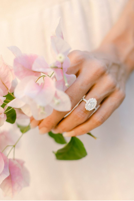 A close-up of a woman’s hand holding pale pink bougainvillea with an ornate halo engagement ring on her finger. A close-up of a woman’s hand holding pale pink bougainvillea with an ornate halo engagement ring on her finger.